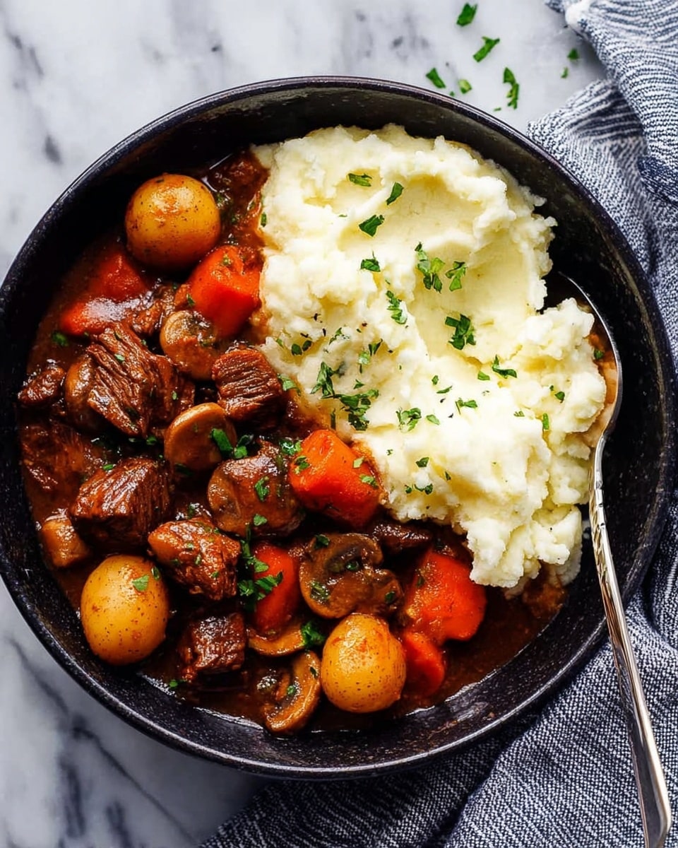 A black bowl filled with two main layers: on one side, thick white mashed potatoes with a creamy smooth texture, topped lightly with small green herb pieces, and on the other side, a rich brown beef stew with chunks of tender brown beef, whole small round light brown potatoes, thick bright orange carrot pieces, and sliced brown mushrooms in a thick brown gravy, garnished with finely chopped green herbs. A silver spoon is partly resting in the mashed potatoes on the right side, and the bowl sits on a white marbled surface with a blue and white striped cloth partly visible under it photo taken with an iphone --ar 4:5 --v 7