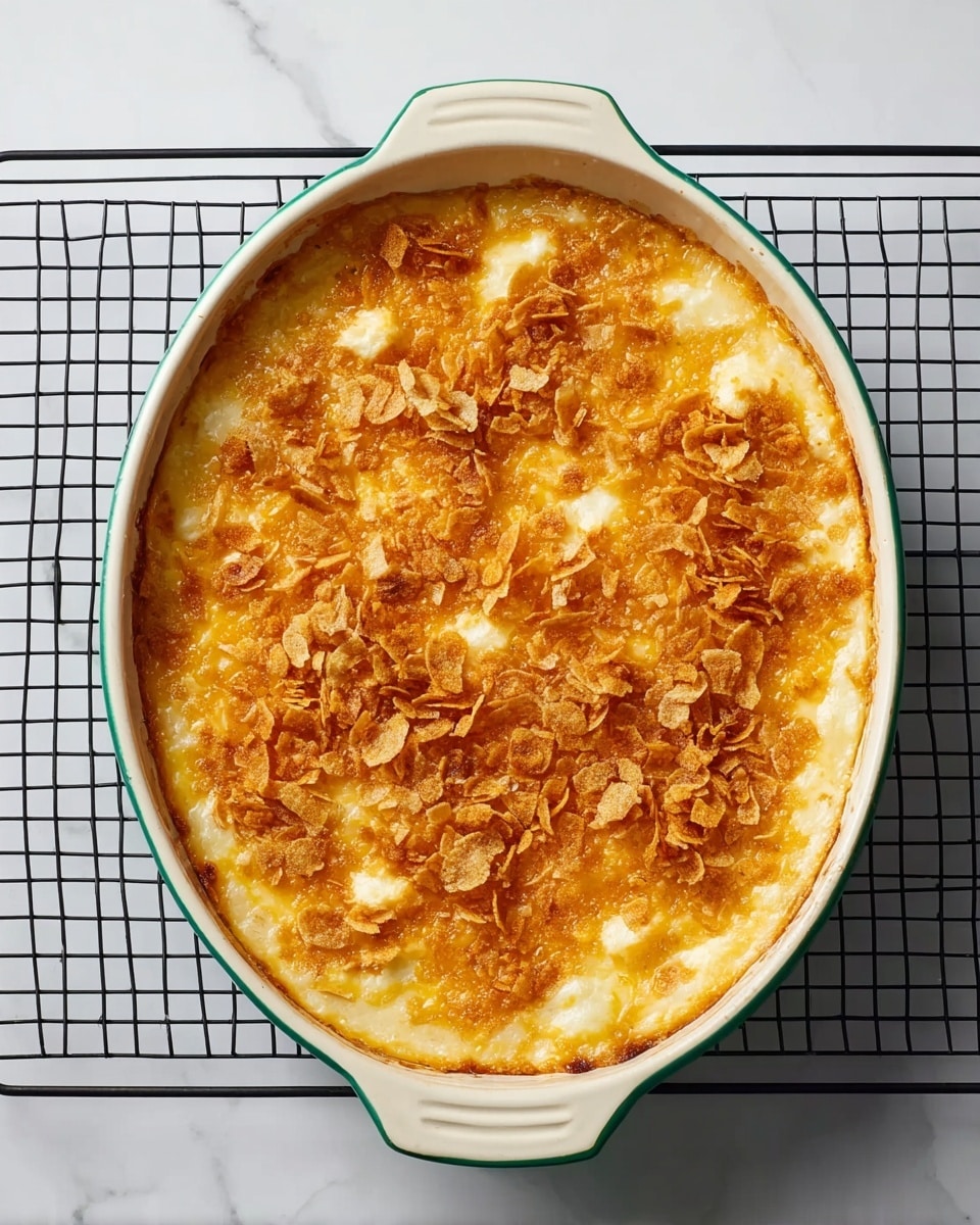 A rectangular white ceramic baking dish filled with a creamy casserole topped with a golden layer of melted cheese and scattered crunchy pieces on top, showing a slightly browned surface with some cream-colored patches beneath; the dish rests on a black metal cooling rack against a white marbled background. photo taken with an iphone --ar 4:5 --v 7