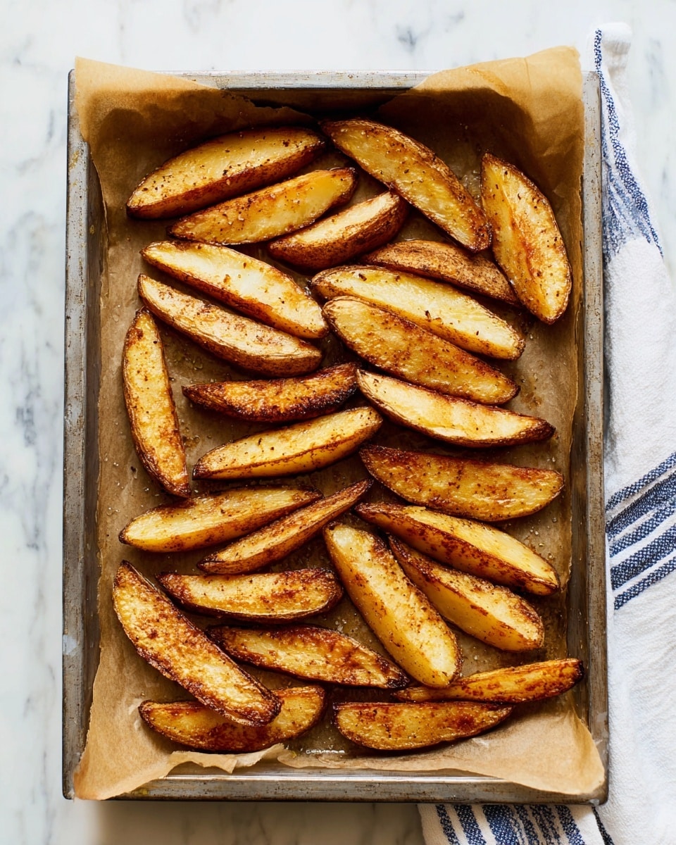 The image shows a metal baking tray lined with brown parchment paper, filled with two layers of golden-brown potato wedges. The wedges are evenly spaced and have a crispy skin outside and light, soft interior with a slightly salted surface. The tray sits on a white marbled surface, and a white cloth with blue stripes is partially visible on the right side. photo taken with an iphone --ar 4:5 --v 7