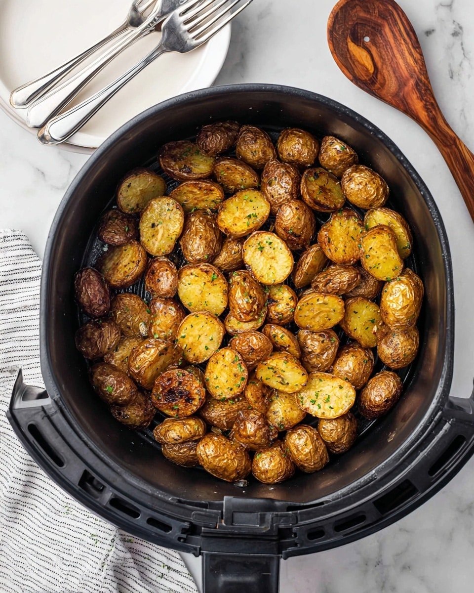 A round black air fryer basket filled with many small, roasted potato halves showing a mix of golden brown and darker roasted colors, with a slightly crispy skin and specks of green herbs scattered evenly on their surface; the basket sits on a white marbled countertop, next to a white plate holding three silver forks and a wooden spoon with small brown spots, and a white cloth with thin black stripes partly visible at the bottom left corner, photo taken with an iphone --ar 4:5 --v 7