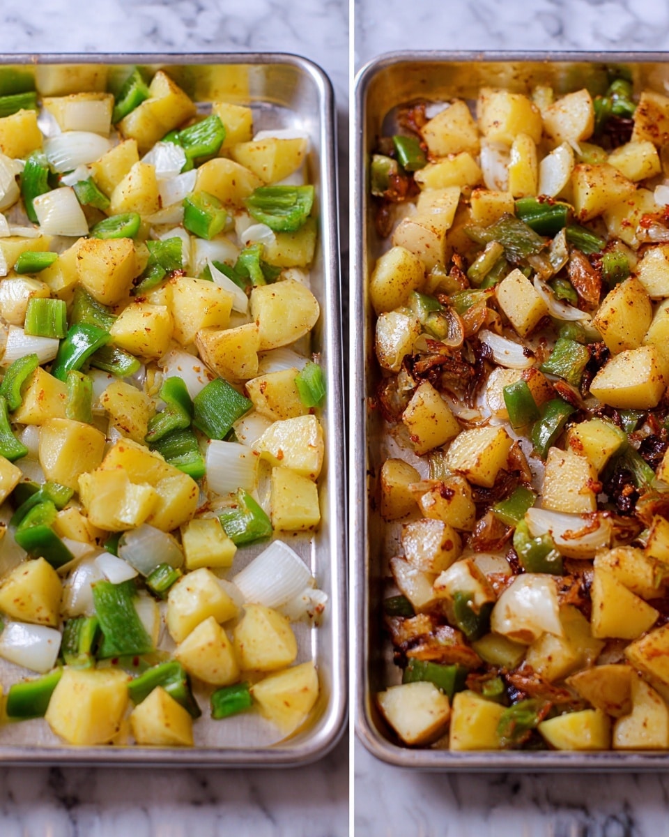 The image shows two side-by-side metal trays filled with diced potatoes, chopped green bell peppers, and slices of white onions. The left tray contains raw ingredients with yellow potato pieces scattered with green bell peppers and white onion slices, all sitting on a metal tray over a white marbled surface. The right tray contains the same ingredients but cooked, showing golden-brown crispy edges on the potatoes and caramelized bits on the onions and peppers, creating a rich texture contrast. photo taken with an iphone --ar 4:5 --v 7