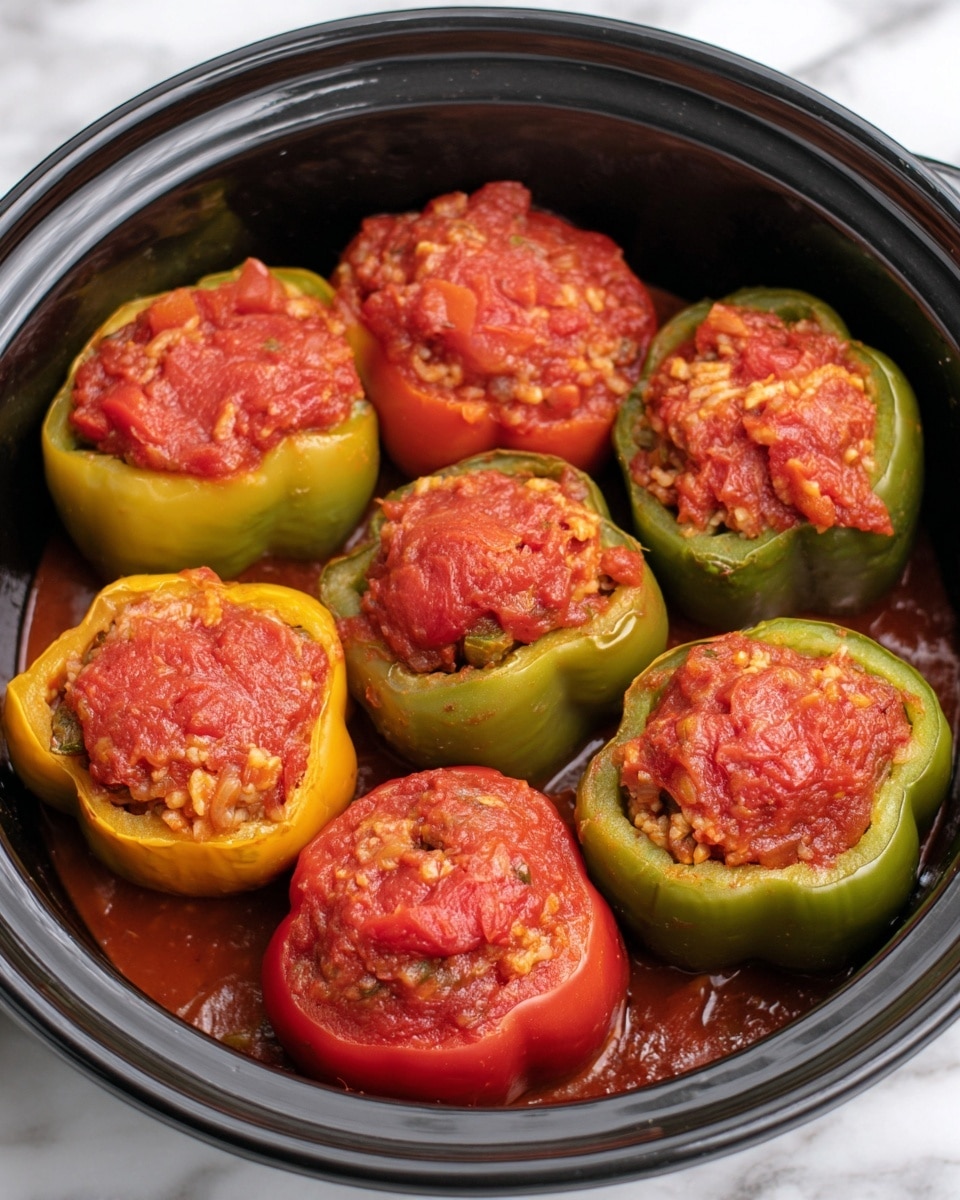 The image shows seven stuffed bell peppers inside a black pot. Each pepper is filled with a chunky red tomato sauce mixed with small pieces of what looks like vegetables or grains. The peppers are a mix of green, yellow, and red colors with the tomato filling mounded on top. The pot has a thick rim, and the bottom holds some tomato sauce that surrounds the peppers. The background is a white marbled texture. Photo taken with an iphone --ar 4:5 --v 7