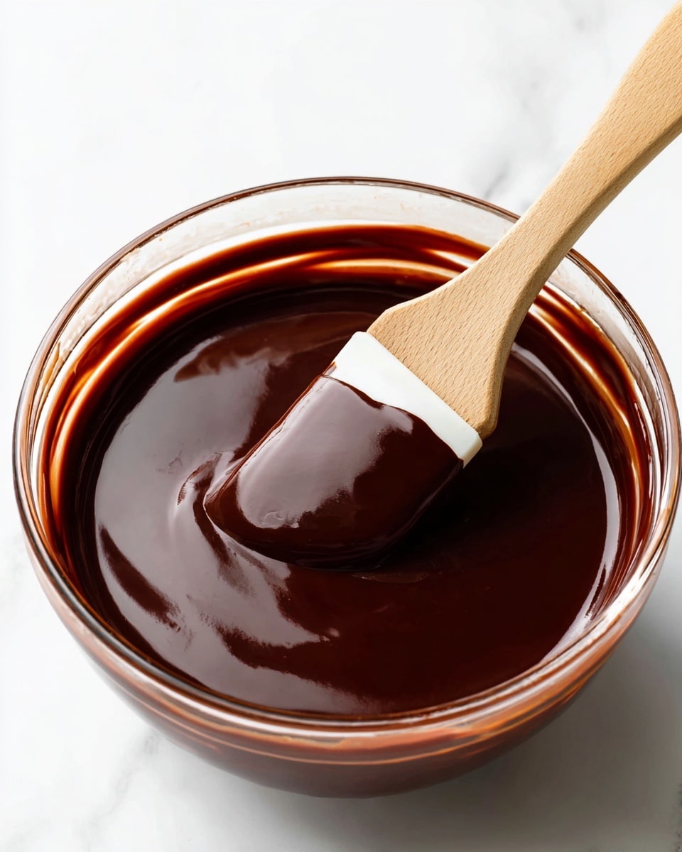 A clear glass bowl filled with thick, smooth dark brown chocolate sauce. A wooden spatula with a white silicone tip is dipped into the sauce, covered in the shiny chocolate. The background is a white marbled surface. photo taken with an iphone --ar 4:5 --v 7
