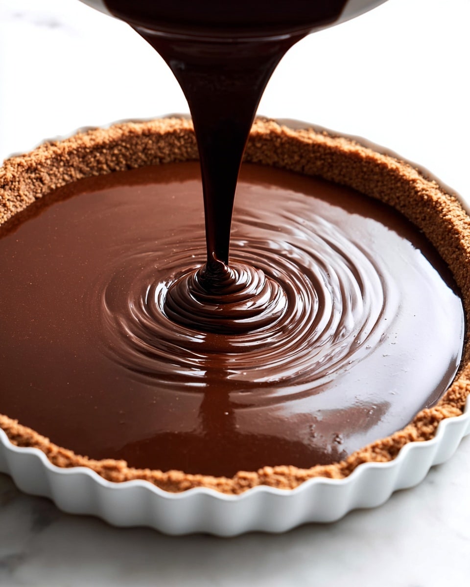 A white tart pan filled with a single layer of smooth, thick, dark brown chocolate ganache that is being poured in a steady stream from above, creating soft ripples on the glossy surface. The crust is medium brown, textured, and slightly crumbly, forming a raised edge around the tart. The background and surface beneath the tart have a clean white marbled texture. Photo taken with an iphone --ar 4:5 --v 7