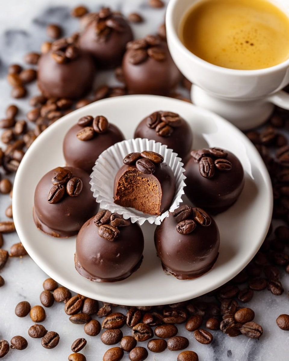 A white plate holds ten round chocolate truffles, each topped with a glossy dark brown coffee bean. One truffle is placed in a white paper cup and has a bite taken out of it, revealing a dense, smooth chocolate center. The plate is surrounded by scattered coffee beans. In the background, there is a white cup filled with light brown coffee with a creamy top. The whole scene sits on a white marbled surface. photo taken with an iphone --ar 4:5 --v 7
