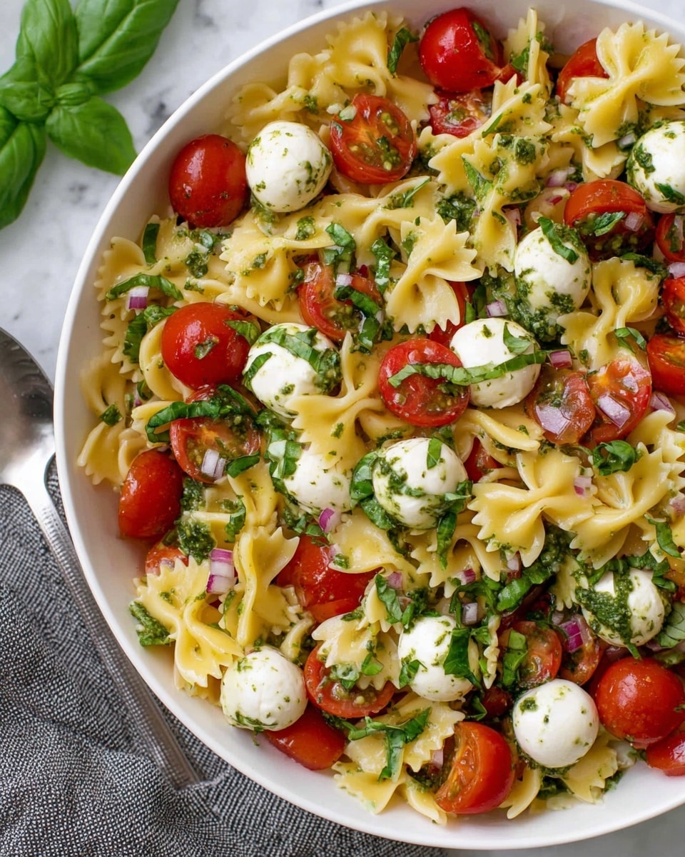 A close-up of a white bowl filled with a colorful pasta salad showing three main layers: the bottom layer is light yellow bowtie pasta with a soft texture, middle layer consisting of bright red cherry tomatoes, some whole and some cut in half with juicy interiors, and scattered throughout are small round white mozzarella balls coated with green herbs. Fresh green basil leaves and chopped green herbs are mixed evenly over the pasta and tomatoes, adding a textured leafy layer with bits of chopped red onion for contrast. The whole dish looks fresh, moist with a light herb dressing, sitting on a white marbled surface with a gray textured cloth nearby, a silver spoon slightly visible at the side. Photo taken with an iphone --ar 4:5 --v 7