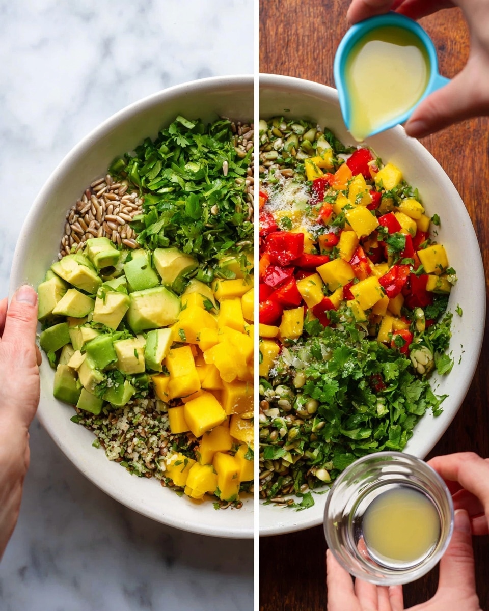 The image shows a colorful salad being made in a white bowl on a white marbled surface, divided into four steps. In the first step, the bowl contains layers of light brown sunflower seeds, green chopped scallions, creamy pale green avocado cubes, bright green cilantro leaves, yellow mango cubes, and red bell pepper pieces. In the second step, a woman's hand is pouring a light yellow dressing from a small blue measuring cup over the mixed salad. In the third step, a woman's hand is pouring a pale yellow liquid from a small clear glass onto the salad, enhancing the texture. In the fourth step, a woman's hand sprinkles a seasoning or salt over the mixed salad, which is colorful with green, yellow, and red pieces mixed with seeds. photo taken with an iphone --ar 4:5 --v 7
