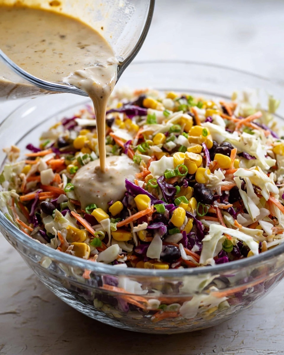 A clear glass bowl filled with a colorful mix of shredded white and purple cabbage, diced orange carrots, yellow corn, black beans, and small green onion pieces. A light tan creamy dressing is being poured over the vegetables from a clear measuring cup, creating a smooth layer on top of the mixture. The bowl is on a surface with white marbled texture. The image focuses closely on the bowl and the pouring action, with a soft natural light highlighting the fresh ingredients. Photo taken with an iphone --ar 4:5 --v 7