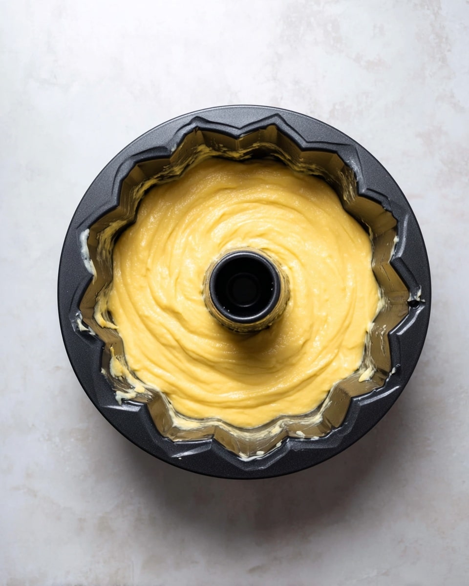 A black Bundt pan filled with smooth, thick yellow cake batter. The batter evenly covers the bottom and sides inside the pan, resting just below the fluted edges. The center tube of the pan is visible, standing upright in the middle. The pan is placed on a white marbled surface. photo taken with an iphone --ar 4:5 --v 7