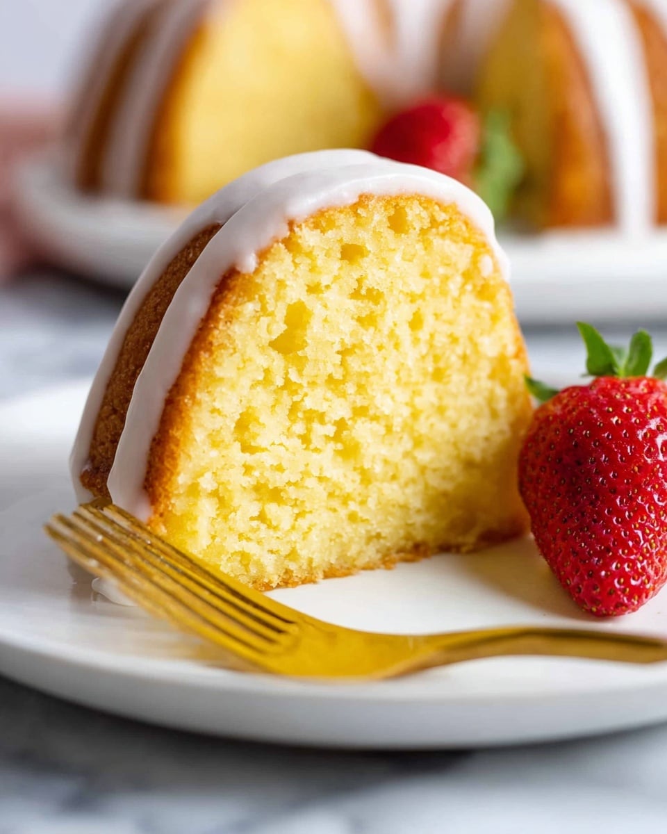 A single slice of yellow bundt cake with a smooth white glaze drizzled on top, showing a soft and fluffy inside texture. The cake slice sits on a white plate with a shiny whole red strawberry placed next to it on the right side. A gold fork lies on the left edge of the plate. The background is a blurred white marbled surface with faint hints of out-of-focus red and yellow colors. Photo taken with an iphone --ar 4:5 --v 7