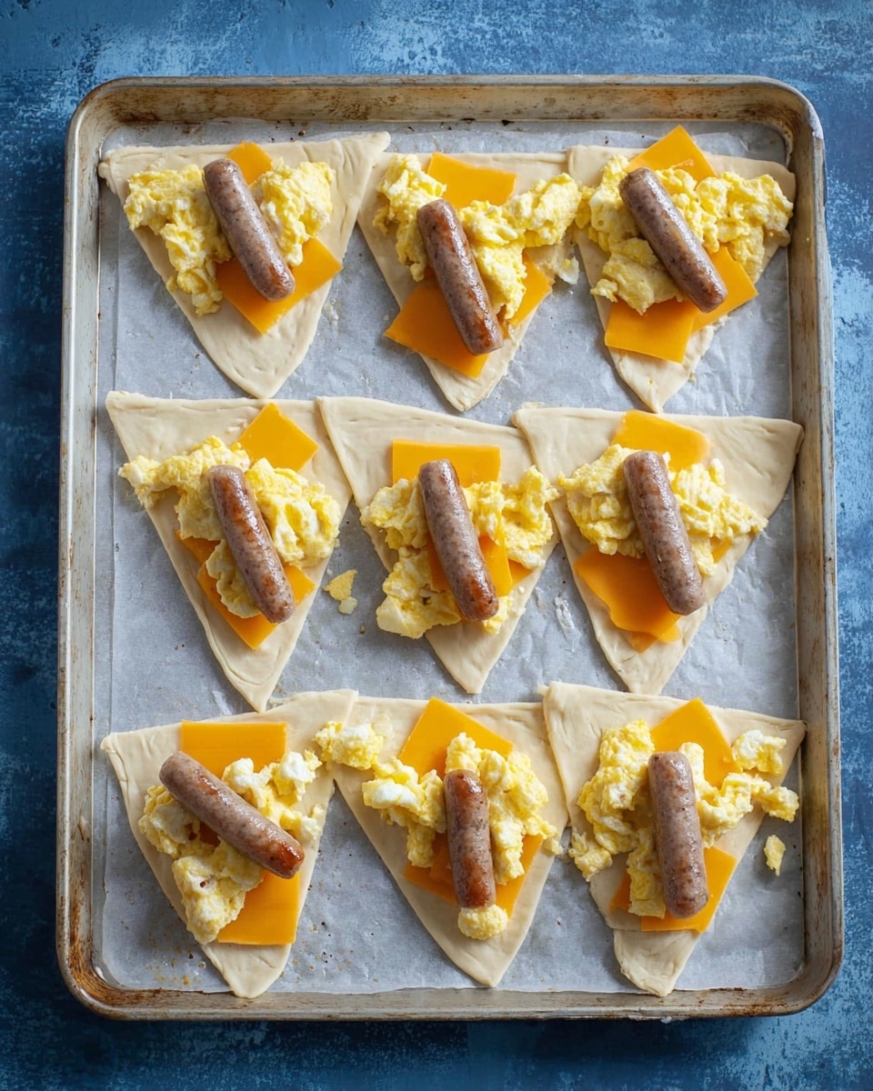 The image shows eight triangular dough pieces laid out on a baking tray with parchment paper, arranged in two rows of four. Each dough triangle has three layers: the bottom layer is the light beige dough with a soft texture, the middle layer is a bright orange rectangular slice of cheese placed near the wider end of the triangle, and the top layer consists of scrambled eggs with a fluffy yellow and white texture. A small brown sausage link is placed on top of each set of eggs, positioned horizontally near the wider edge of each triangle. The baking tray rests on a blue surface. Photo taken with an iphone --ar 4:5 --v 7