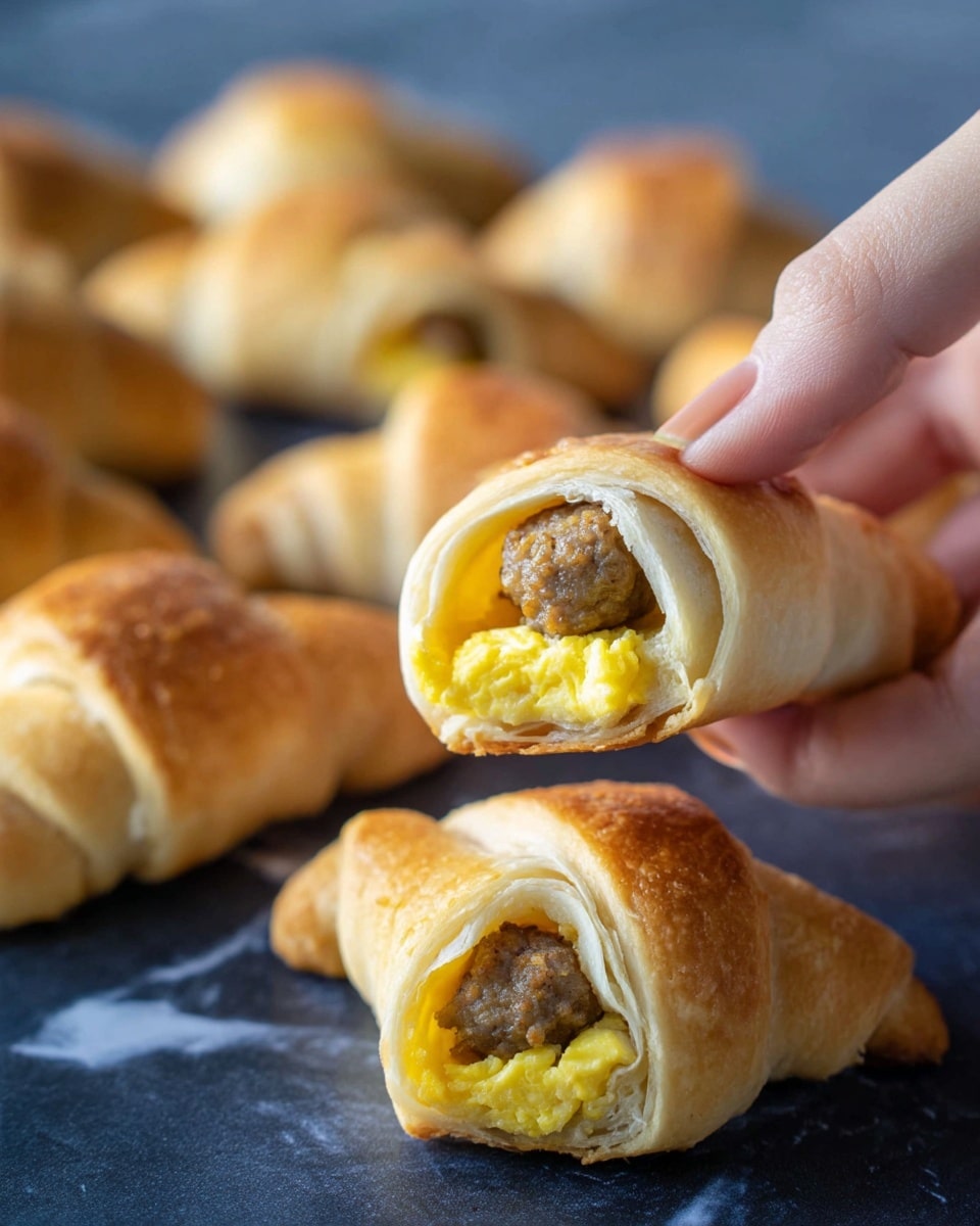 The image shows small crescent rolls with a sausage and egg filling. Each roll has three visible layers: the outer layer is a light golden-brown baked dough, inside there is a yellow scrambled egg layer, and at the center is a brown sausage piece. A woman's hand is holding one crescent roll in the foreground, highlighting the layers and the soft texture of the bread. The rolls are placed on a dark surface that is changed to a white marbled texture. photo taken with an iphone --ar 4:5 --v 7
