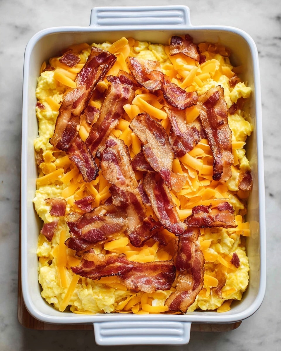 A white rectangular baking dish filled with three layers: the bottom layer is scrambled eggs with a soft, fluffy yellow texture; the middle layer is shredded cheddar cheese scattered unevenly with its bright orange color; the top layer shows several pieces of cooked bacon with a crispy, reddish-brown look placed randomly across the cheese; the dish is set on a white marbled surface. photo taken with an iphone --ar 4:5 --v 7