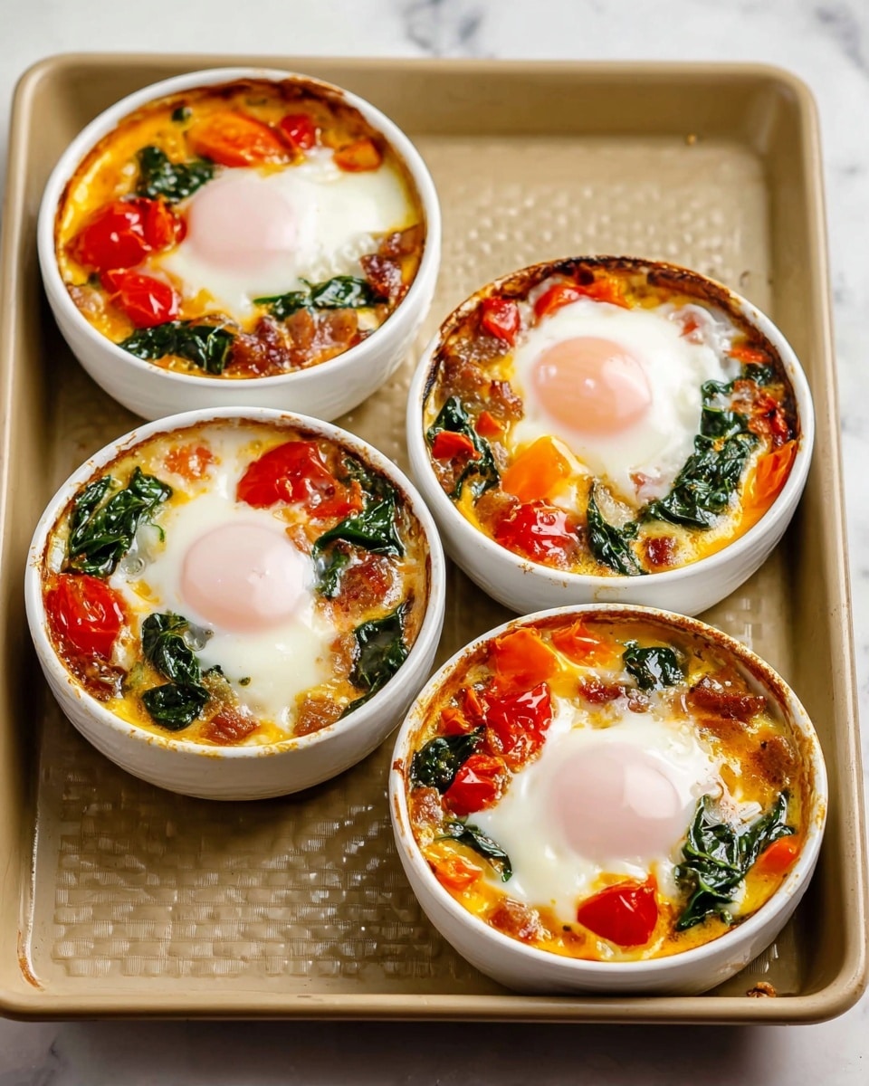 The image shows four white round ceramic ramekins each filled with baked eggs on a colorful vegetable mixture. Each ramekin has a single cooked egg with a smooth white surface and a soft pink yolk in the center. Surrounding the eggs are layers of green spinach leaves, bright red cherry tomatoes, chunks of orange and red bell peppers, and some browned bits that hint at cooked onions or meat. The vegetables and eggs are baked in an orange-yellow creamy sauce that holds everything together. The ramekins are placed closely together on a beige textured baking tray, which rest on a white marbled surface. photo taken with an iphone --ar 4:5 --v 7