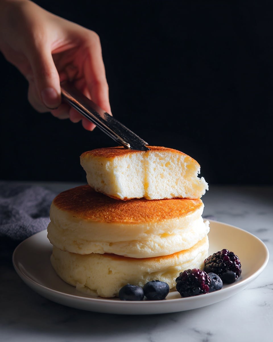 A stack of two thick, fluffy pancakes with a soft and light texture, the top one being gently lifted by a woman's hand holding a metal spatula. The pancakes have a golden-brown top layer and a creamy off-white side, showing their airy inside. The stack sits on a white round plate, decorated with a few blueberries and dark blackberries placed around the edges. The background is dark, and the surface is a white marble texture, creating a contrast that highlights the pancakes. photo taken with an iphone --ar 4:5 --v 7