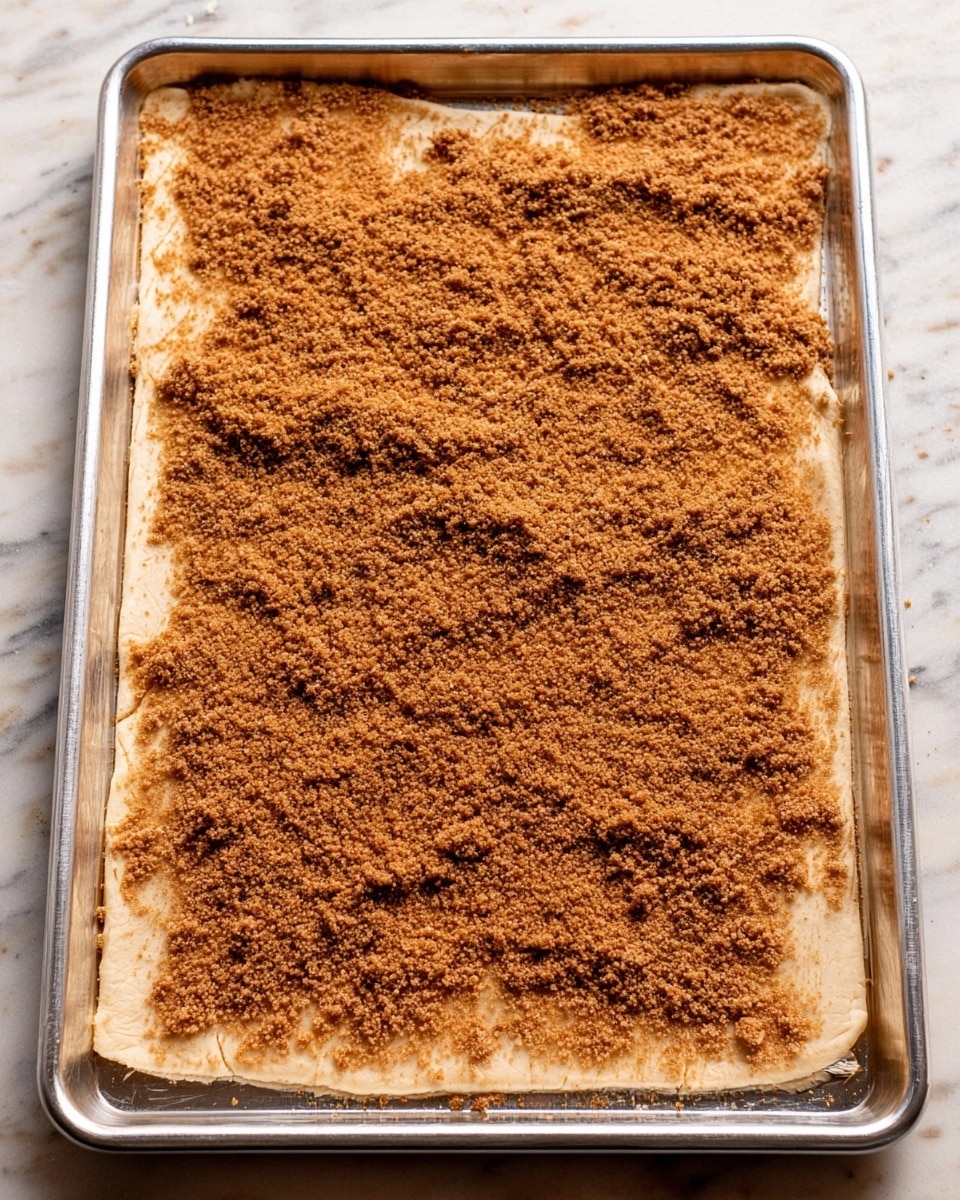 A rectangular sheet of raw dough is spread evenly on a shiny silver baking tray. The dough is topped with a coarse layer of light brown crumbly mixture, sprinkled generously across the surface, with patches of darker brown cinnamon powder scattered on top. The edges of the dough are slightly thicker and free from toppings. The baking tray sits on a white marbled surface. Photo taken with an iphone --ar 4:5 --v 7