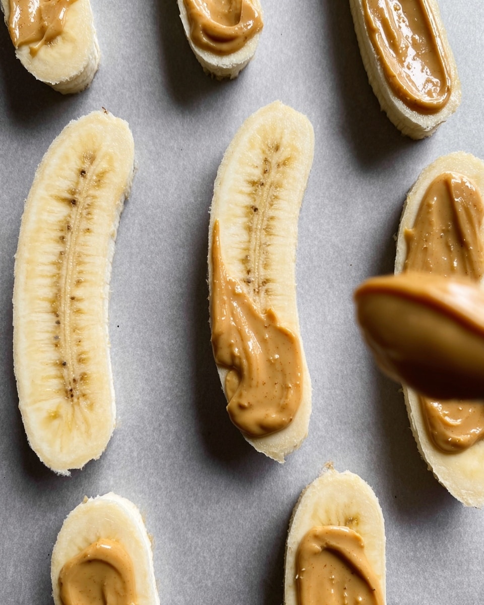 The image shows peeled banana halves laid flat in rows on a gray baking sheet with a white marbled background. Some banana pieces have a smooth, creamy brown peanut butter sauce being drizzled over them in uneven blobs. The bananas are pale yellow with a soft texture, while the peanut butter sauce is thick and shiny with a rich caramel color. Woman's hand is seen in the right corner holding a spoon, adding the peanut butter on one banana piece. photo taken with an iphone --ar 4:5 --v 7
