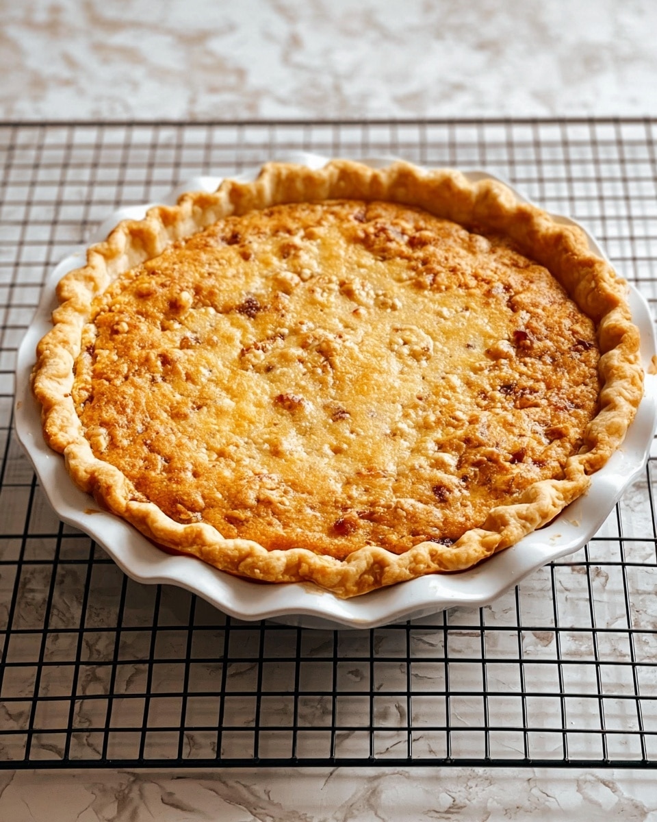 A round pie with a golden-brown top layer that looks slightly textured and bumpy, with small bits visible throughout the surface. The pie crust is light tan with a crimped edge, neatly pinched around the pie dish. The pie is placed in a white dish with a scalloped edge on a black metal cooling rack. The background is a white marbled surface. photo taken with an iphone --ar 4:5 --v 7