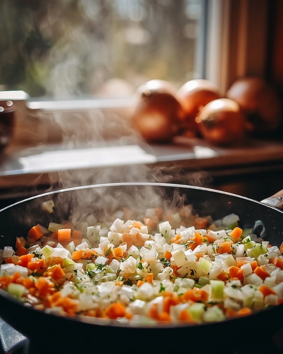 A black pan filled with a mix of diced vegetables, including white onions, orange carrots, and light green celery, all cooking together while steam rises from the pan. The vegetables have a fresh, slightly softened texture, with some small green herbs scattered throughout. The pan is set on a stove, and in the blurry background, there are two whole onions on a white marbled surface near a window. The lighting is warm and natural, highlighting the colors and steam, photo taken with an iphone --ar 4:5 --v 7