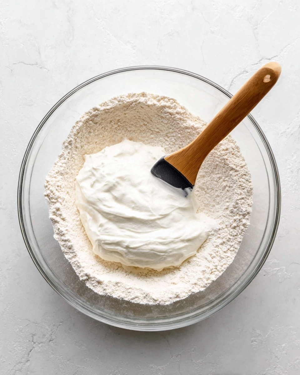 A clear glass mixing bowl sits on a white marbled surface, filled with light beige flour forming the bottom layer around the edges. On top, slightly off center, there is a thick layer of smooth, white creamy yogurt with a soft texture. A wooden spatula with a light brown handle and a black silicone mixing end is partially immersed in the yogurt, resting diagonally in the bowl. The scene is well-lit with soft natural light highlighting the textures of flour and yogurt. photo taken with an iphone --ar 4:5 --v 7