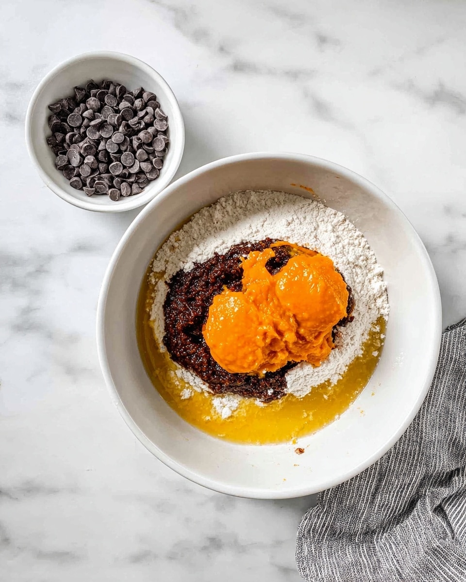 In a white mixing bowl placed on a white marbled surface, there are several ingredients layered together: a base layer of white flour forms the outer ring, with a pool of golden liquid, likely oil or melted butter, filling the inside. On top of this sits a dark brown, dense-looking paste, and two large dollops of bright orange puree rest atop the paste. Next to the bowl, on the same white marbled surface, there is a smaller white bowl filled with small dark chocolate chips. A gray and white striped cloth is partially visible near the bowls. photo taken with an iphone --ar 4:5 --v 7