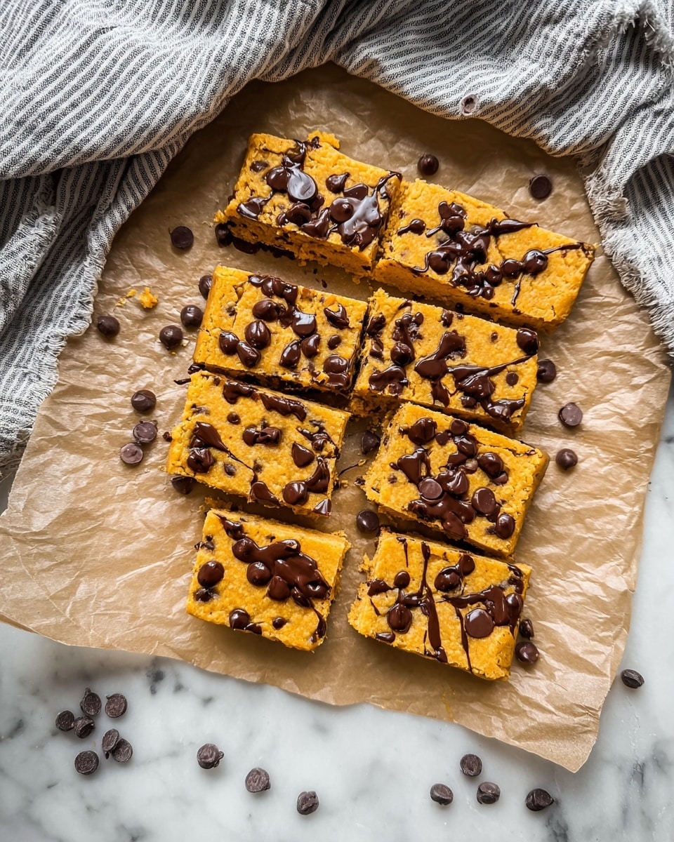 A group of nine square bars arranged on a crinkled piece of light brown parchment paper, each bar a soft orange color with small dark chocolate chips mixed inside and more dark chocolate chips scattered on top. The bars are cut but not fully separated, with some melted chocolate streaks between pieces. The parchment paper rests on a white marbled surface mostly covered by a gray and white striped cloth draped around the top edge. Extra chocolate chips are scattered casually around the bars, adding a scattered messy look. photo taken with an iphone --ar 4:5 --v 7