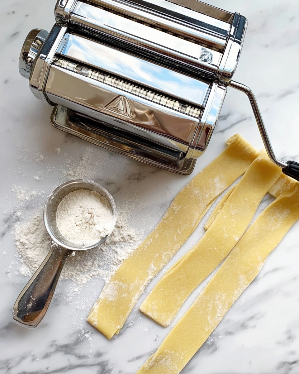 The image shows a shiny silver pasta machine on a white marbled surface. Next to it, three long strips of pale yellow dough with uneven edges lie flat, lightly dusted with flour. A metal scoop filled with white flour is positioned near the dough strips, with some flour spilled around it. The pasta machine reflects a woman's hand and surrounding objects, adding a polished, clean look to the scene. photo taken with an iphone --ar 4:5 --v 7