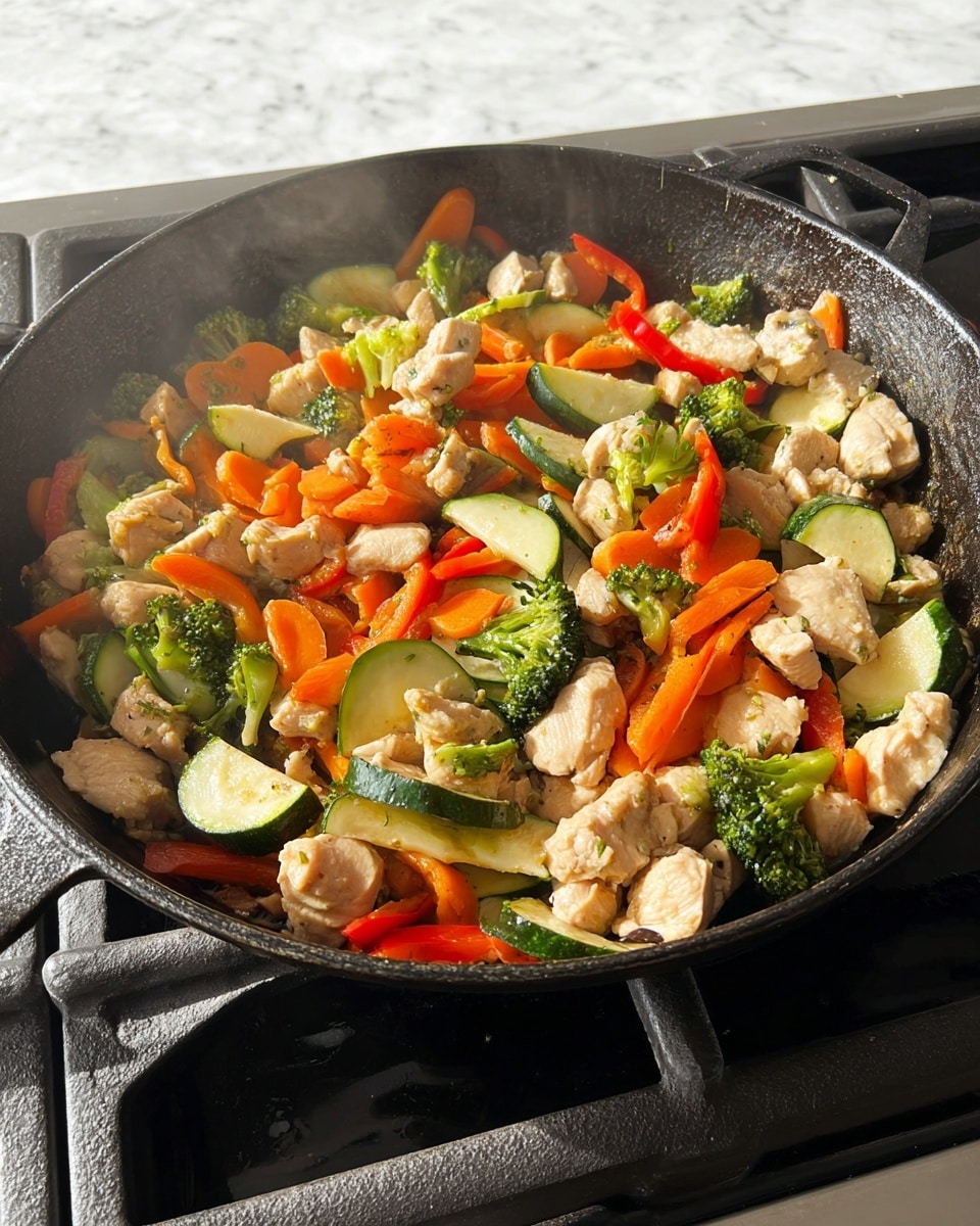 A black cast iron pan filled with a colorful mix of stir-fried chicken pieces and vegetables sits on a stove with black grates. The dish has three main layers: the chicken, which is light beige and cut into small chunks, forms the base and is spread evenly throughout. On top of and mixed with the chicken are bright orange carrot slices and red bell pepper pieces that add a smooth and glossy texture. Scattered among these are vibrant green broccoli florets and zucchini slices, the zucchini showing both its dark green skin and pale green inside. The pan's edges are slightly shiny from cooking oil, and there is a gentle steam rising, suggesting warmth. The whole scene is set against a white marbled textured surface. photo taken with an iphone --ar 4:5 --v 7