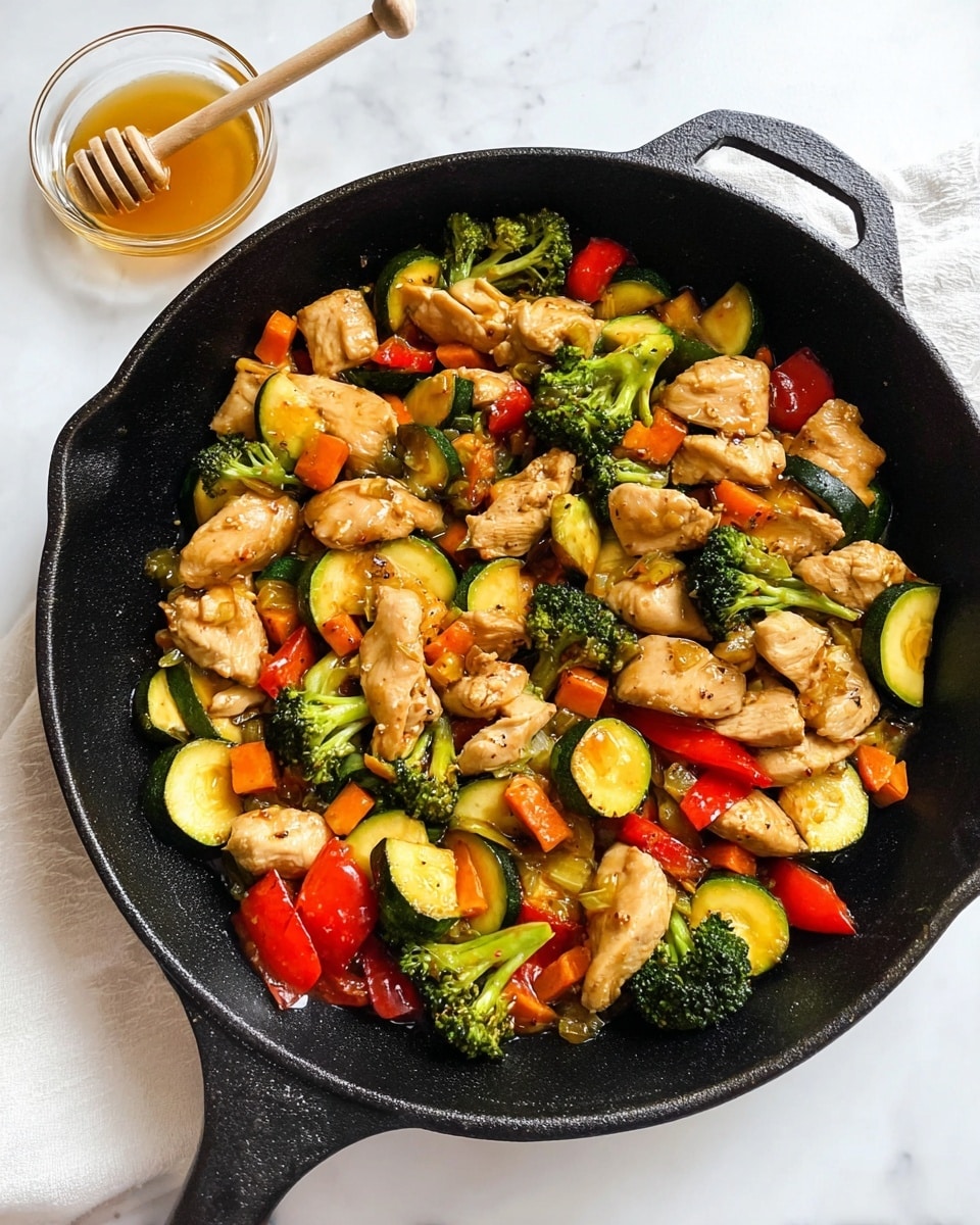 The image shows a black cast iron pan filled with a colorful stir-fry. The dish has three main layers: large chunks of light brown cooked chicken pieces are layered on top, mixed with bright green broccoli florets and dark green slices of zucchini. Underneath, there are vibrant red bell pepper cubes and small orange carrot rounds scattered evenly, creating a lively mix. The stir-fry sits on a white marbled surface, and a small clear glass bowl of golden honey with a wooden honey dipper is placed nearby on the top left corner. photo taken with an iphone --ar 4:5 --v 7