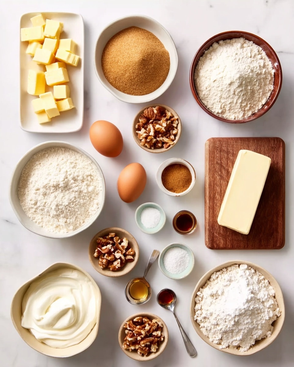 The image shows an organized layout of baking ingredients on a white marbled surface. There are neat piles and bowls arranged in rows: a white rectangular plate with small cubes of yellow butter in the top left; a brown bowl filled with light brown sugar; a white bowl with white flour at the top right; a wooden board holding a stick of yellow butter; two brown eggs next to the butter; a beige bowl with creamy white yogurt; a round white bowl with white flour in the bottom left; a light brown bowl with white granulated sugar toward the bottom right; a small bowl of chopped nuts near the sugar; another bowl of chopped nuts in the middle left; several small bowls and spoons containing vanilla extract, baking soda, salt, cinnamon, and salt are spread out evenly between the larger containers. Everything is evenly spaced on the white marbled background. photo taken with an iphone --ar 4:5 --v 7