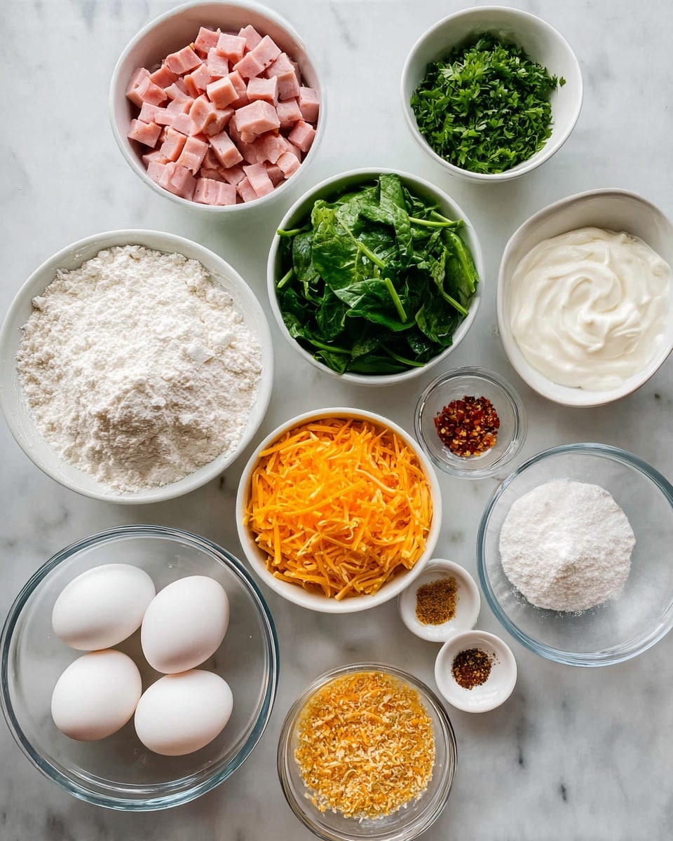 The image shows nine white bowls and a clear round glass bowl arranged on a white marbled surface, each filled with different cooking ingredients. Starting from the top left, there is a bowl with pink cubed ham pieces, next to it a bowl with chopped green herbs. Below them, on the left side, is a bowl with white flour and next to it a bowl with thick white sour cream. In the center right, there is a small bowl of white powder, while below it is a larger bowl filled with shredded orange and yellow cheese. To the left of that is a white bowl filled with chopped fresh green spinach leaves. Below the flour bowl, there is a clear glass bowl with three white eggs, and next to it a small white bowl holding a blend of seasonings including white salt, red chili flakes, and another powder. Finally, at the bottom center is a small bowl of golden breadcrumbs. All bowls are neatly placed with clear visibility of textures and colors. Photo taken with an iphone --ar 4:5 --v 7