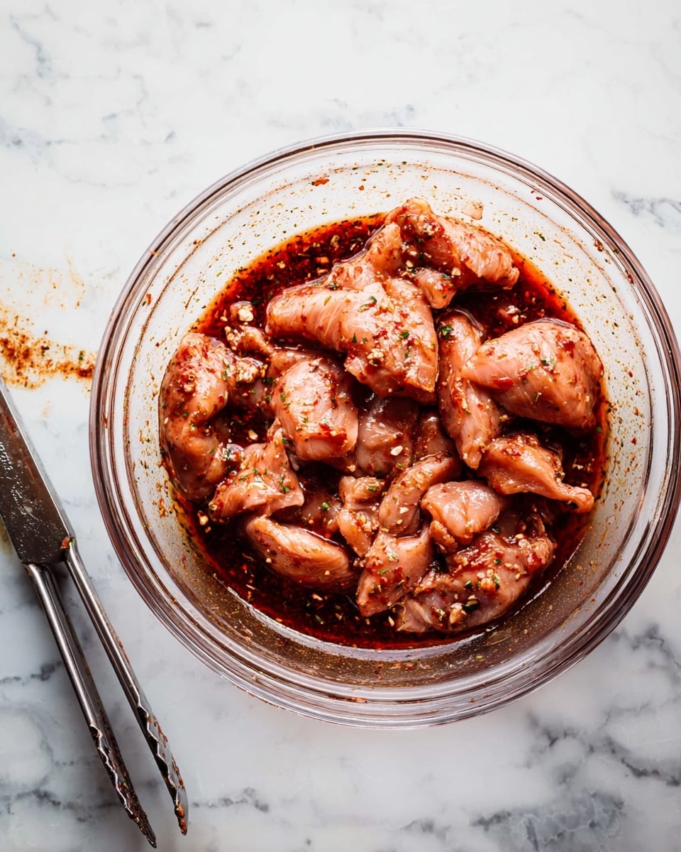 A clear glass bowl filled with raw chicken pieces soaked in a dark red marinade with visible herbs and spices, sitting on a white marbled surface. To the left of the bowl, there is a pair of metal tongs with some dark marinade on the tips. The chicken pieces appear tender and varied in size, surrounded by a thick, richly colored sauce. The scene is well lit and focuses closely on the bowl from above, showing texture and color contrasts clearly. photo taken with an iphone --ar 4:5 --v 7