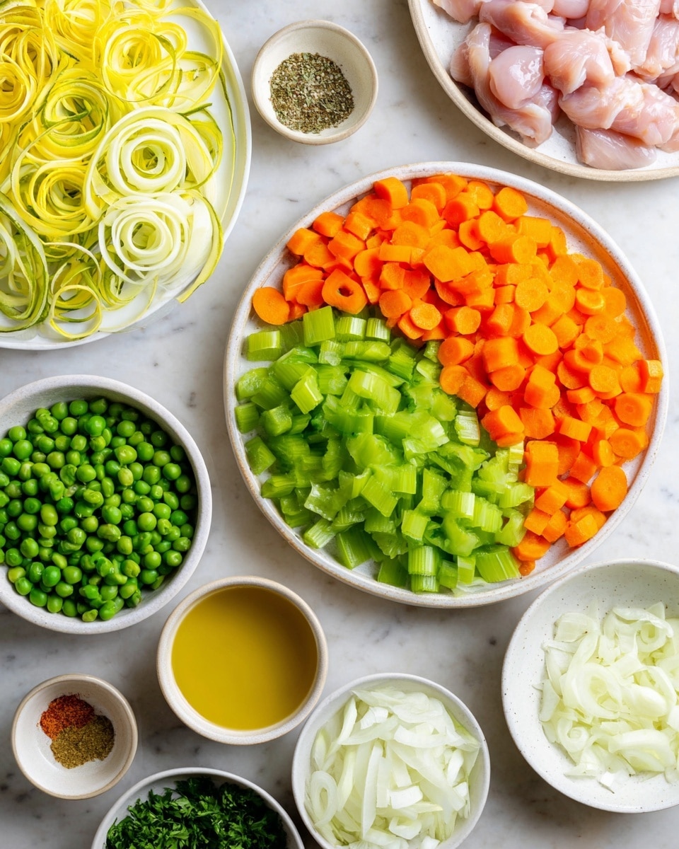 The image shows a white round plate in the center filled with two layers of sliced vegetables: bright green celery on the left half and orange carrot slices on the right half, both arranged flat and overlapping slightly. Above this plate to the left is a white round plate with thin, spiral yellow and white leek slices spread out in a loose pile. Above the vegetable plate to the right is a white round plate holding raw pink chicken pieces arranged closely together. Below and to the left is a white bowl full of small round green peas. Just below the main plate, there is a small round bowl filled with golden olive oil. To the right of the oil is a white bowl with chopped white onions arranged evenly. Surrounding all these are smaller dishes holding chopped fresh green parsley, mixed spices, salt, and pepper arranged around the edges. Everything is placed on a white marbled surface. photo taken with an iphone --ar 4:5 --v 7