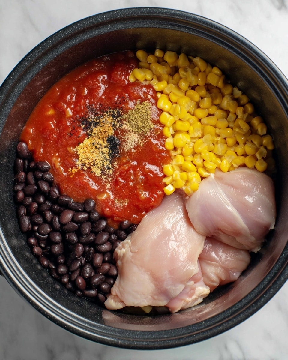 Inside a black pot, two raw light pink chicken pieces lie at the bottom right. To their left is a layer of red tomato sauce with some brown and black spices sprinkled on top near the center. Above the sauce is a bright yellow layer of corn kernels, and to the right of that is a dark black layer of black beans, all sitting next to the chicken. The pot sits on a white marbled surface. photo taken with an iphone --ar 4:5 --v 7