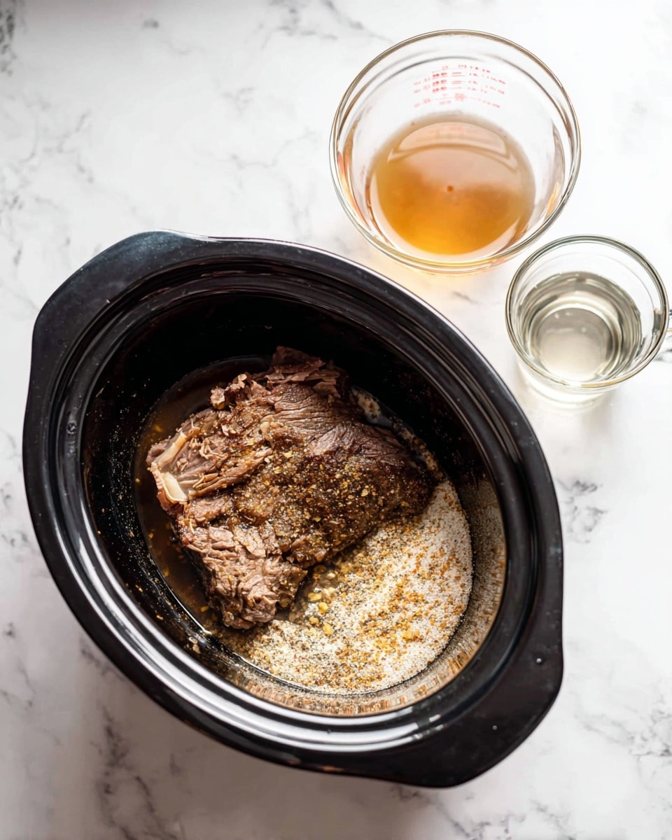 A black slow cooker with a large piece of browned meat inside sitting on the left side, partially covered on the right side by a layer of dry seasoning mix with light beige and orange specks. Behind the slow cooker on a white marbled surface are two clear glass measuring cups, one containing a light brown liquid and the other with water. The scene is brightly lit from above. photo taken with an iphone --ar 4:5 --v 7