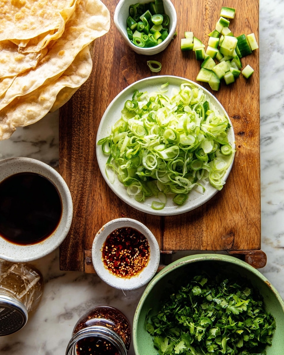 The image shows a white plate full of thinly sliced light green scallions placed at the center of a wooden cutting board. To the right on the cutting board, there are small, bright green cucumber cubes next to a small white bowl with a sesame seed sauce showing light brown liquid with white sesame seeds floating inside. Below this bowl is a small glass jar with dark red chili flakes in oil, and above it is a small metal bowl containing dark soy sauce. On the left side, there is a white bowl with folded flatbreads that look soft and slightly browned. In the bottom right corner, a large green bowl is filled with roughly chopped fresh dark green cilantro. The whole setup is on a white marbled textured surface. Photo taken with an iphone --ar 4:5 --v 7