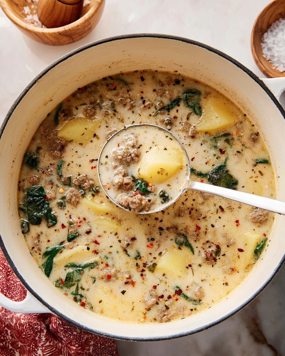 A white pot filled with creamy soup that has a light beige, thick broth full of small bits of ground meat, light yellow potato chunks, and dark green spinach leaves scattered evenly throughout. The soup surface shows flecks of black pepper and red chili flakes. A metal ladle lifts a portion of the soup, showing the same ingredients clearly inside the ladle. The pot sits on a white marbled surface, with a wooden citrus reamer and a small bowl of coarse salt nearby. Photo taken with an iphone --ar 4:5 --v 7