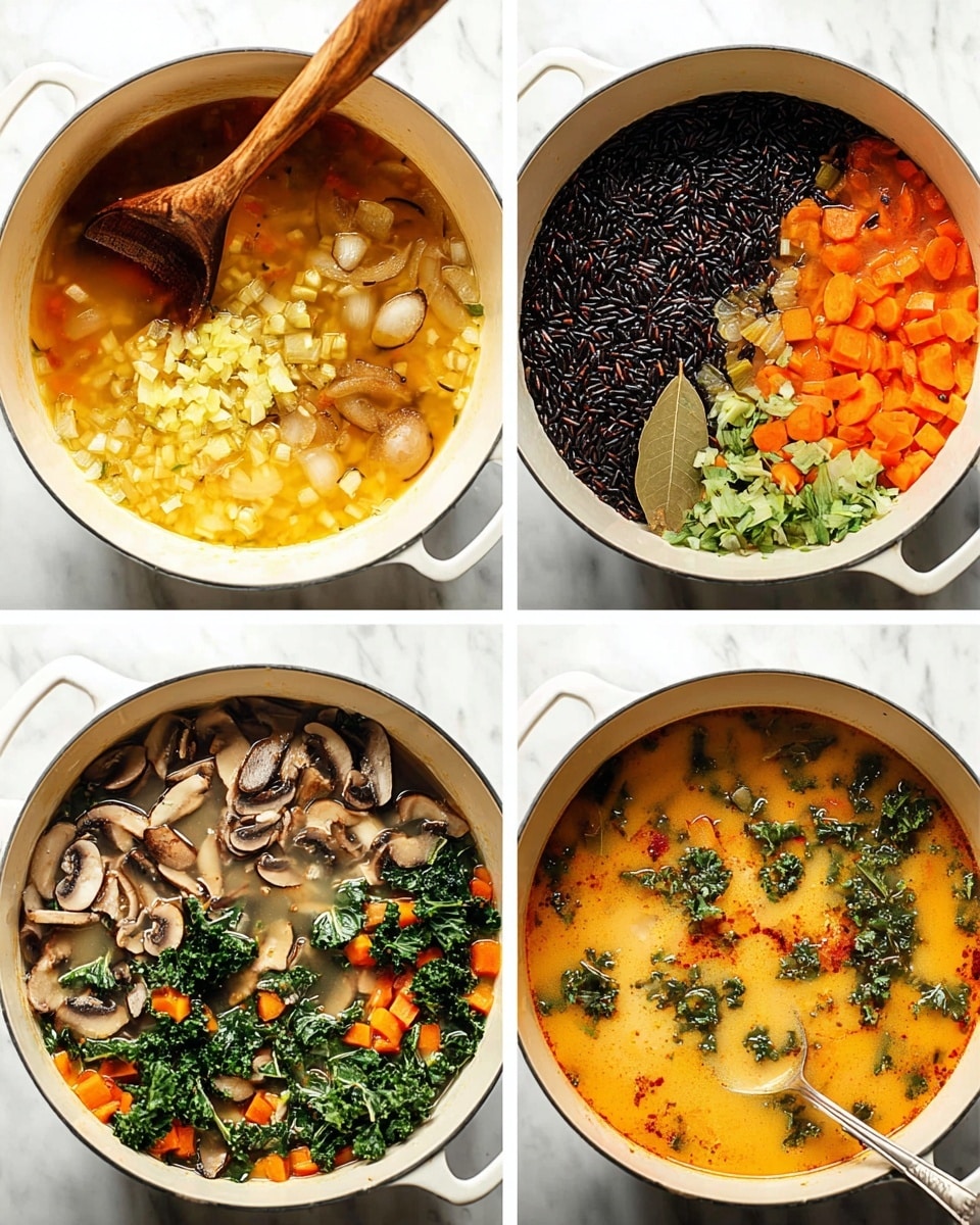 A four-panel collage showing the cooking of a vegetable soup in a large white pot on a white marbled surface. The first panel shows a wooden spoon stirring sautéed small yellow chunks, likely onions, on the pot’s bottom. The second panel shows several layers inside the pot: light orange broth at the bottom, sliced brown mushrooms on the left, dark black rice in the middle, orange carrot cubes on the right, and chopped light green celery near the bottom, with a bay leaf on top. The third panel shows a richer, creamy orange broth filled with sliced mushrooms, diced carrots, and dark green chopped kale leaves piled in the center, with some red bits visible. The fourth panel shows the finished soup with a creamy thick light orange broth filled evenly with pieces of mushrooms, carrots, kale, black rice, and herbs, and a metal spoon resting in the soup. The background is a white marbled surface. photo taken with an iphone --ar 4:5 --v 7
