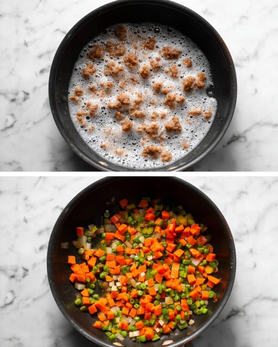 Two images show cooking steps in a black pan placed on a white marbled surface. The first image shows small pieces of meat frying with white bubbles of foam covering the pan’s surface. The meat is light brown and scattered, some pieces sticking together. The second image shows diced vegetables sautéing in the same pan. The vegetables are bright orange, green, and yellow, evenly spread across the pan's bottom with a soft, shiny texture. Photo taken with an iphone --ar 4:5 --v 7