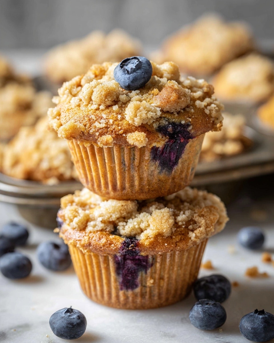 The image shows a stack of two golden brown blueberry muffins with a crumbly topping on a white marbled surface. The top muffin has a single fresh blueberry placed in the center while visible blueberries peek through the muffin’s soft, textured surface. The muffins sit in a metal baking tray, and around the tray are more muffins and scattered blueberries, creating a warm, fresh-baked atmosphere. The scene is softly lit, highlighting the crumb texture and golden color of the muffins. photo taken with an iphone --ar 4:5 --v 7