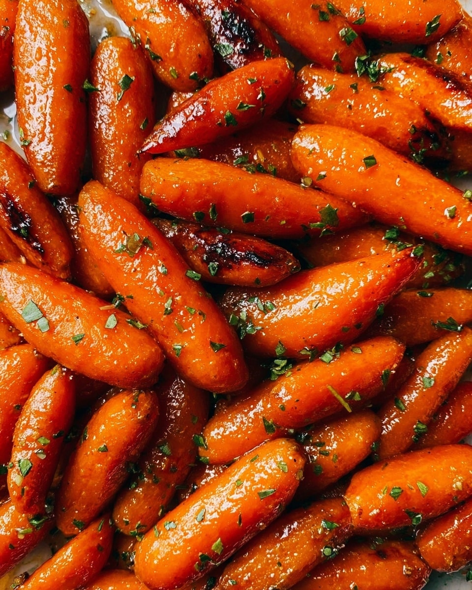The image shows a close-up of many small cooked carrots that are shiny and bright orange with some dark caramelized spots. They are sprinkled evenly with small green herb pieces, giving a fresh touch on top. The carrots have a smooth texture with a slight gloss, indicating they are glazed or roasted. The background features a white marbled surface peeking through between the carrots. photo taken with an iphone --ar 4:5 --v 7