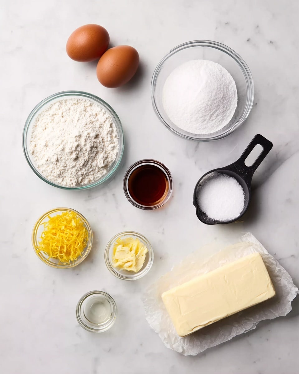 The image shows ingredients arranged neatly on a white marbled surface. There are three brown eggs on the left, next to a small glass bowl filled with white flour. Above the flour, a medium clear glass bowl holds white sugar. To the right of the sugar, a small glass bowl contains a dark brown liquid, likely vanilla extract. Below it is a smaller glass bowl with bright yellow lemon zest. Adjacent to these is a small bowl with white salt. On the right side, a black measuring cup holds powdered sugar, and below it is an unwrapped block of pale cream butter with paper partially open. At the bottom center of the image, a small glass bowl contains a clear liquid, possibly lemon juice. All items are placed with space around them, and the surface is clean and smooth. Photo taken with an iphone --ar 4:5 --v 7