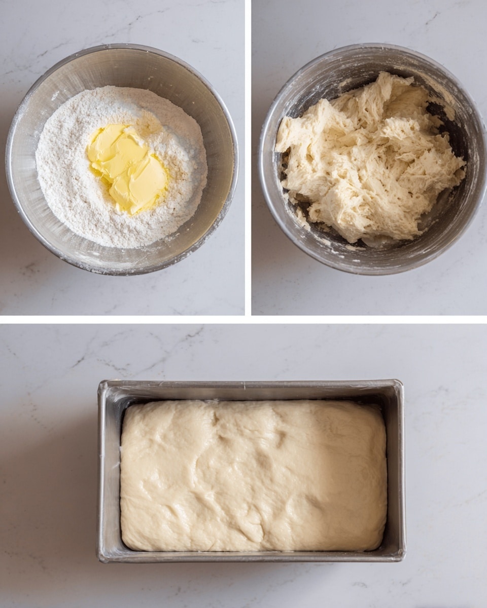 The image shows three stages of dough preparation. The first panel has a metal bowl filled with white flour on one side and softened yellow butter on the other side on top of the flour, resting on a white marbled surface. The second panel shows the dough mixed together in the same metal bowl, forming a slightly sticky, light beige mass with a rough texture. The third panel presents the dough spread evenly in a rectangular metal pan, its surface smooth and pale, with light dimples pressed into it, ready for baking. Photo taken with an iphone --ar 4:5 --v 7