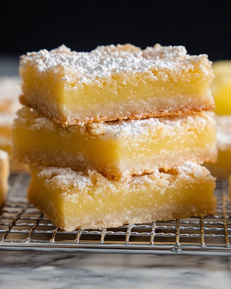 The image shows four square pieces of lemon bars stacked on a silver cooling rack over a white marbled surface. Each lemon bar has two layers: a thick, pale yellow, smooth and slightly glossy lemon filling on top, and a dense, light beige crust at the bottom. The lemon filling has a slightly rough, crumbled top texture with a dusting of white powdered sugar covering the entire surface, adding a soft, powdery look. One lemon bar piece is placed prominently on top, showing clear edges and a rich contrast between the creamy lemon layer and flaky crust. The background is dark, making the lemon bars stand out. Photo taken with an iphone --ar 4:5 --v 7