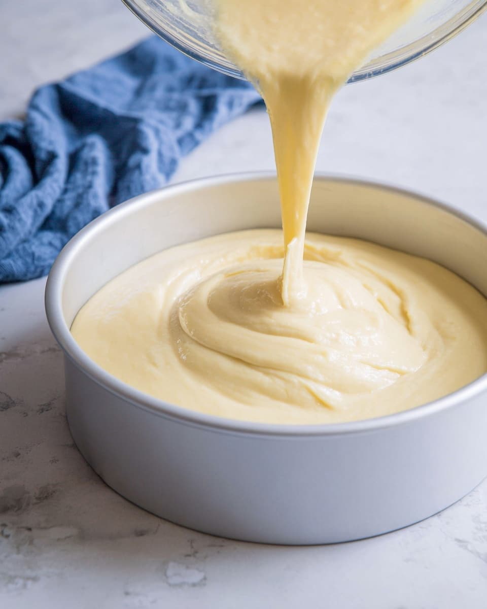 A white round cake pan sits on a white marbled surface, filled halfway with a smooth, thick, pale yellow batter being poured from a glass bowl just above it. The batter flows in soft folds, creating gentle ripples and a slightly shiny texture. A blue cloth is partially visible in the background on the left side. Photo taken with an iphone --ar 4:5 --v 7