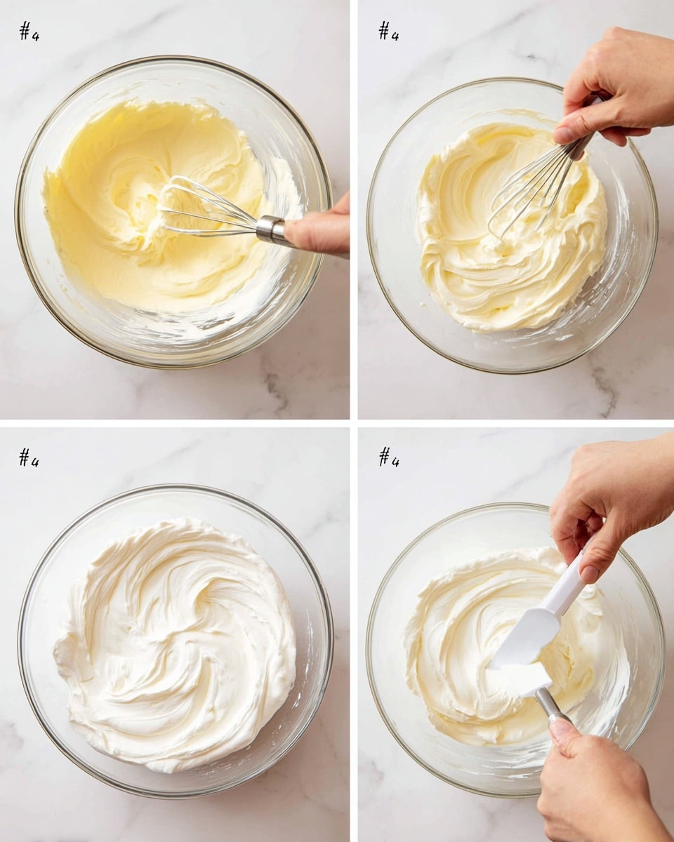 The image shows three steps of mixing a creamy dessert in a clear glass bowl on a white marbled surface. In step 3, a woman's hand is whisking a mixture of pale yellow cream and white fluffy substance, blending thick and smooth textures. Step 4 shows a fully whipped white fluffy layer, smooth and glossy, filling most of the bowl. In step 5, a woman's hand uses a spatula to fold the pale yellow creamy layer gently into the white fluffy layer, creating a swirled mix with soft, creamy, and light textures clearly visible. photo taken with an iphone --ar 4:5 --v 7