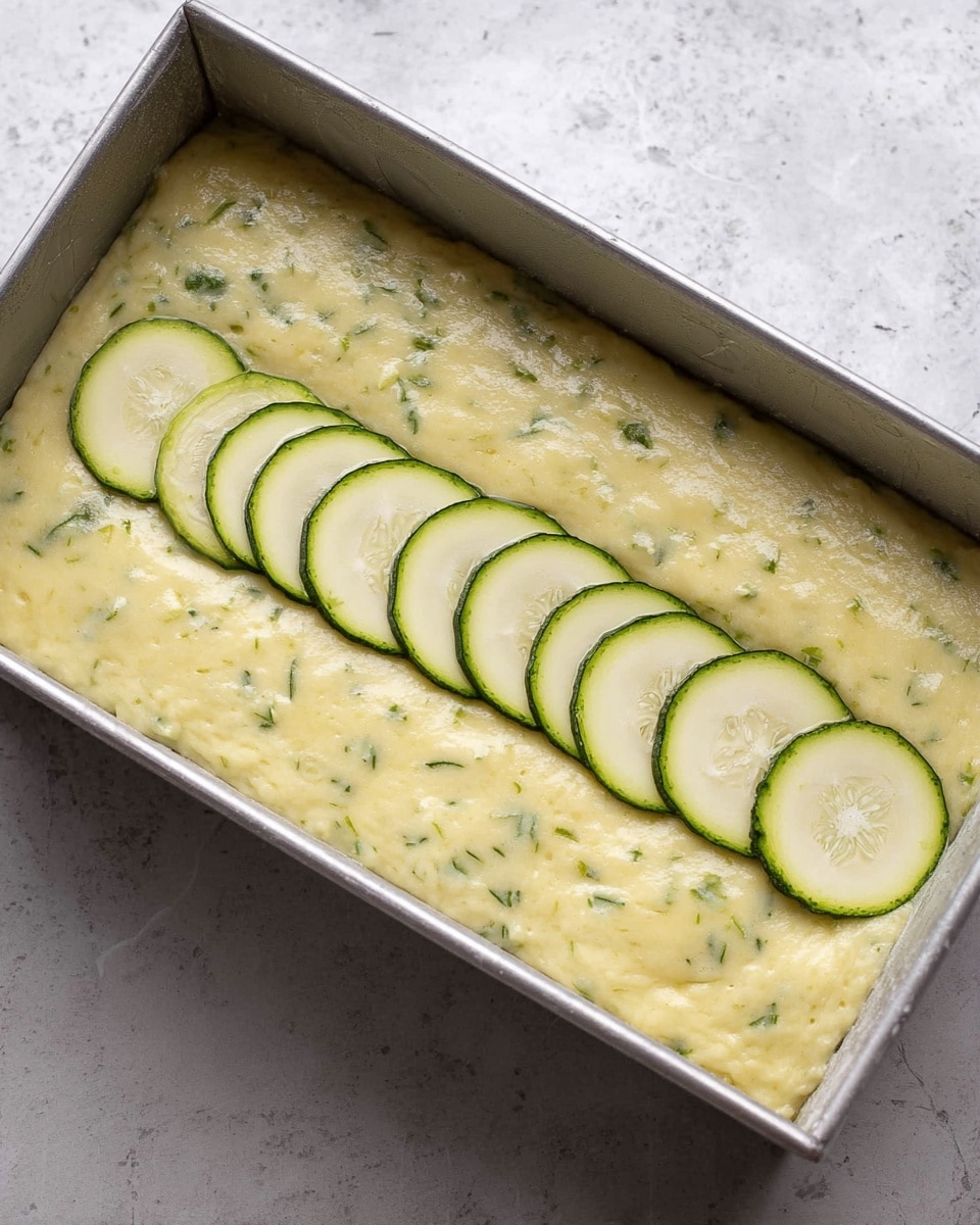 A rectangular silver baking pan filled with a thick light yellow batter mixed with small green herb pieces, spread evenly inside. On top of the batter, there is a straight row of seven thin, round pale green slices of zucchini placed in the center, each slice showing delicate light patterns in the middle. The pan is placed on a white marbled textured surface. Photo taken with an iphone --ar 4:5 --v 7