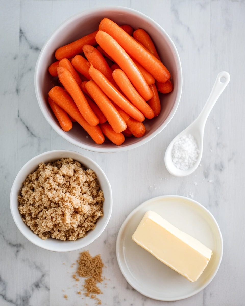 The image shows three white dishes and a small spoon placed on a white marbled surface. The largest dish at the top is a white bowl filled with many bright orange baby carrots stacked closely together. Below and to the left is a smaller white bowl containing light to medium brown crumbled brown sugar with some crumbs spilled outside the bowl. To the right, near the bottom, there is a white plate holding a rectangular stick of pale yellow butter. Above the butter plate and slightly to the right, a small white spoon holds coarse white salt. The setup is simple and clean. photo taken with an iphone --ar 4:5 --v 7