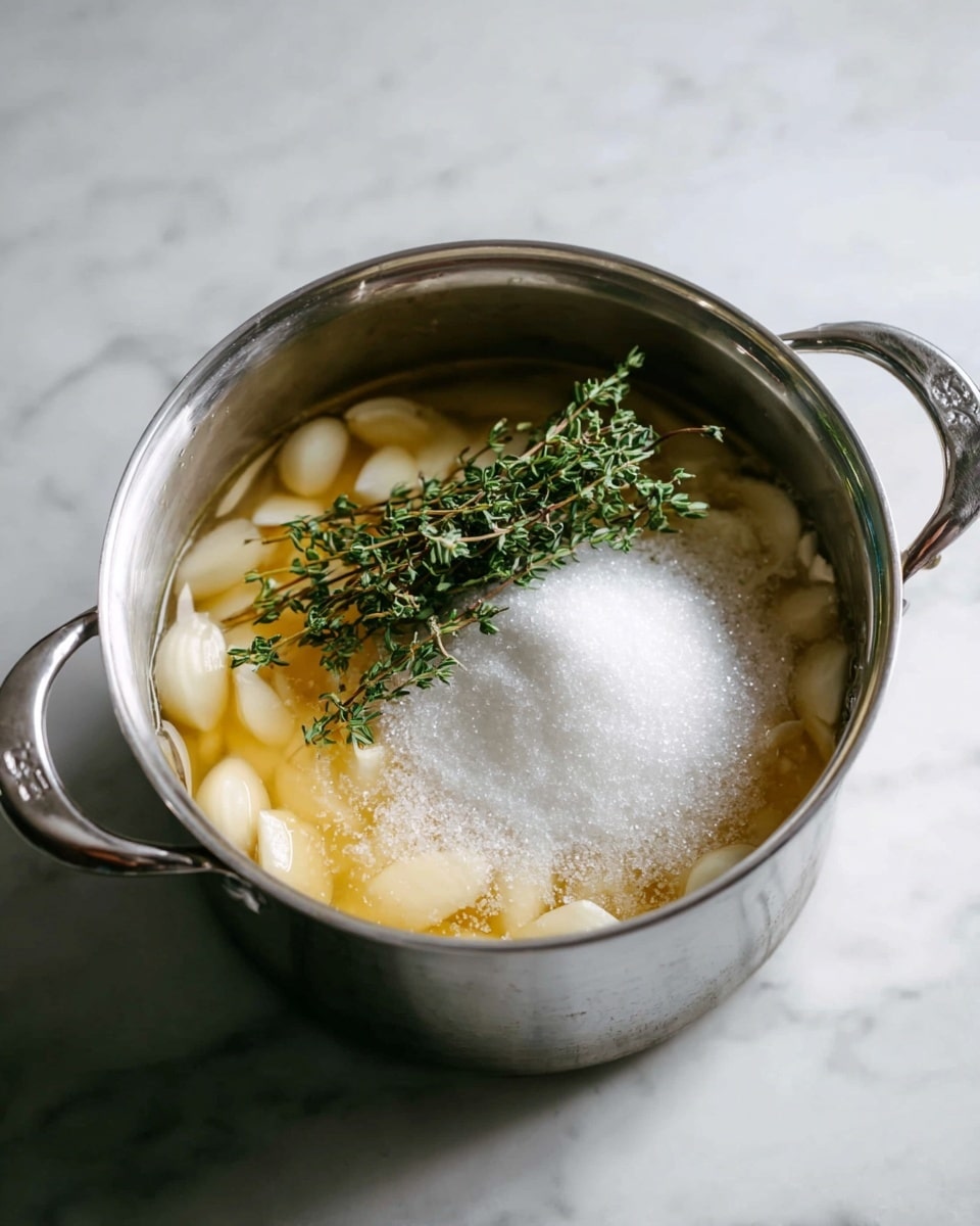 A silver pot sits on a white marbled surface filled with three main layers: the bottom layer is soft, pale beige garlic cloves soaked in a light golden liquid, the middle layer is a mound of white granulated sugar centered on top of the garlic, and the top layer includes fresh green thyme sprigs resting beside the sugar mound. The pot has two shiny handles on opposite sides. photo taken with an iphone --ar 4:5 --v 7