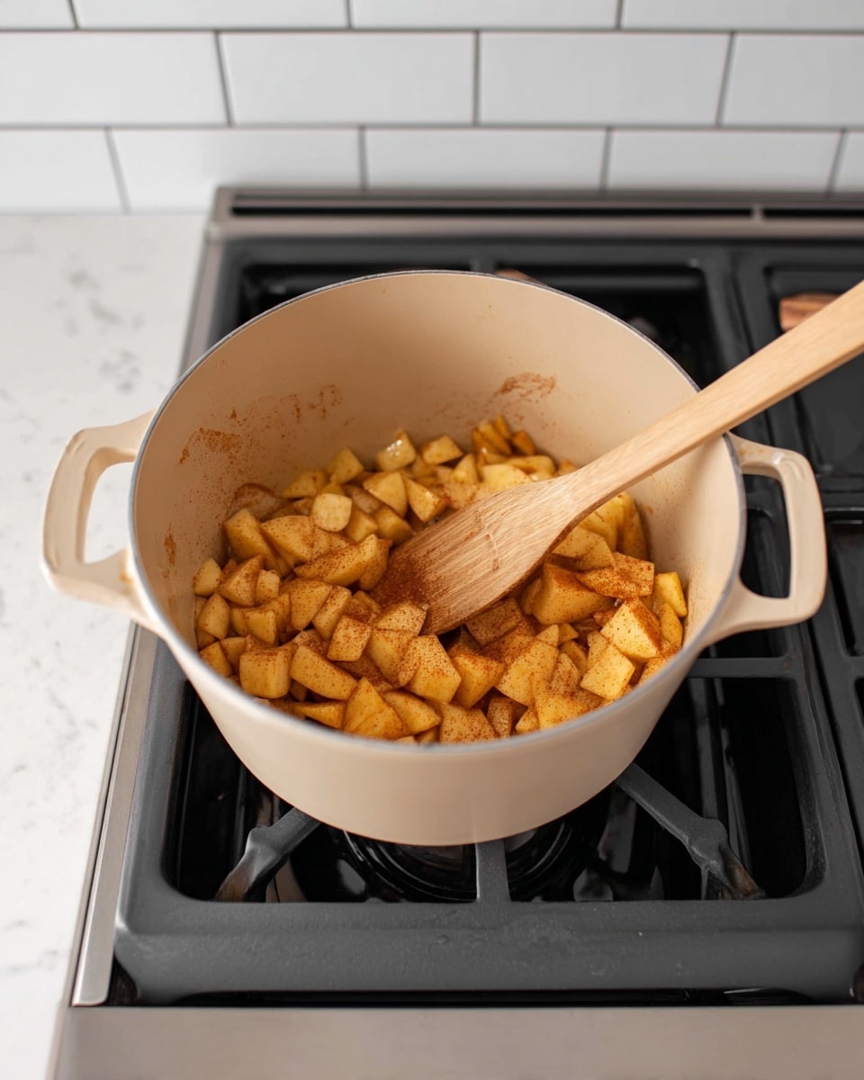 A beige cooking pot sits on a black stove with a silver frame, filled with medium-sized apple pieces mixed with brown cinnamon powder, giving the fruit a warm orange-brown color. A wooden spatula with a light-colored handle rests inside the pot, partially covered by the apple mixture. The background shows white brick tiles, and the whole scene is set on a white marbled surface. photo taken with an iphone --ar 4:5 --v 7